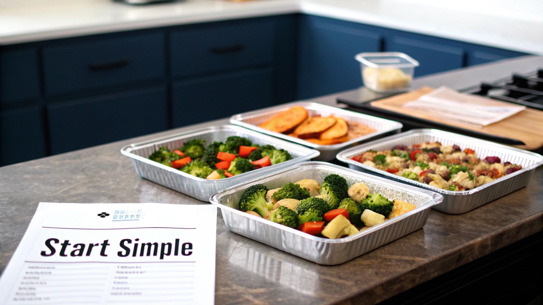 Several meal prep containers with healthy cooked food, like broccoli and sweet potatoes, on a kitchen counter.