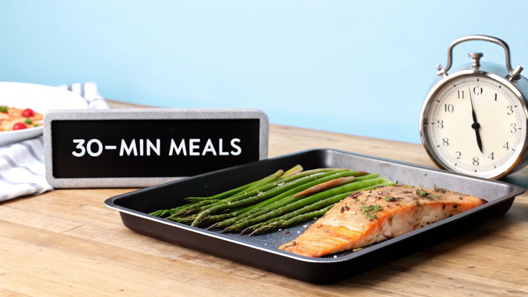 A baking tray with cooked salmon and asparagus next to a '30-MIN MEALS' sign and an alarm clock.
