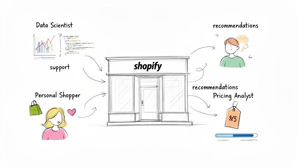Diagram showing AI-driven roles like Data Scientist, Personal Shopper, and Pricing Analyst interacting with a Shopify store, providing support and recommendations.