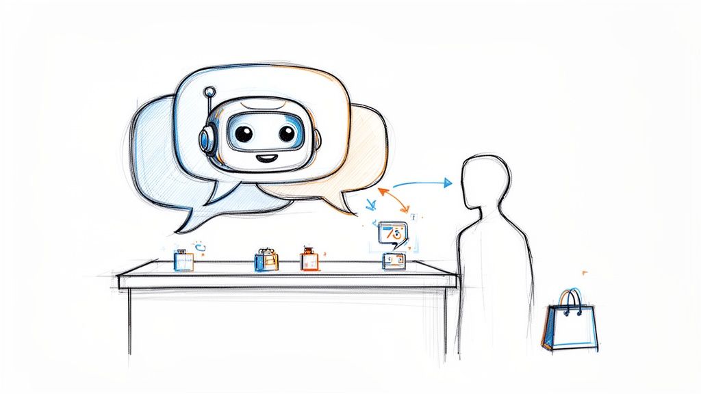 A drawing of a friendly chatbot interacting with a customer viewing products on a table, illustrating e-commerce assistance.