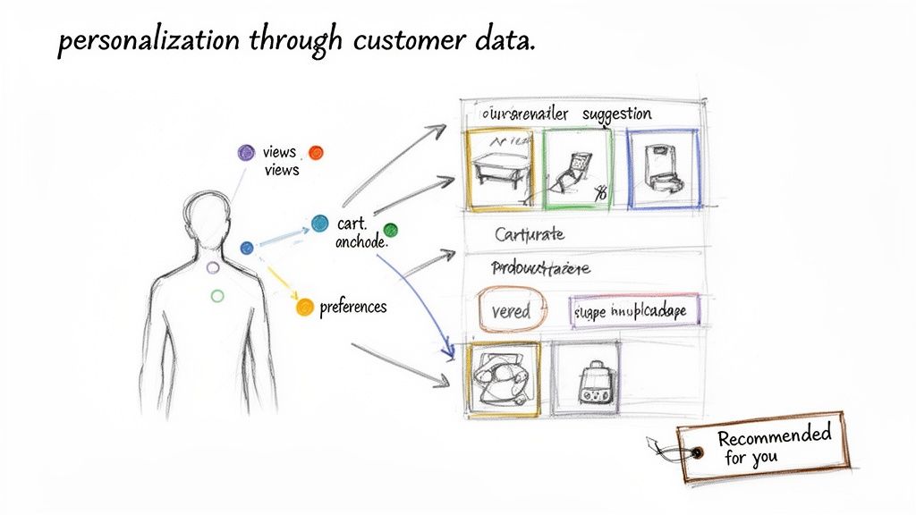Diagram showing customer data, like views and preferences, leading to personalized e-commerce product recommendations.