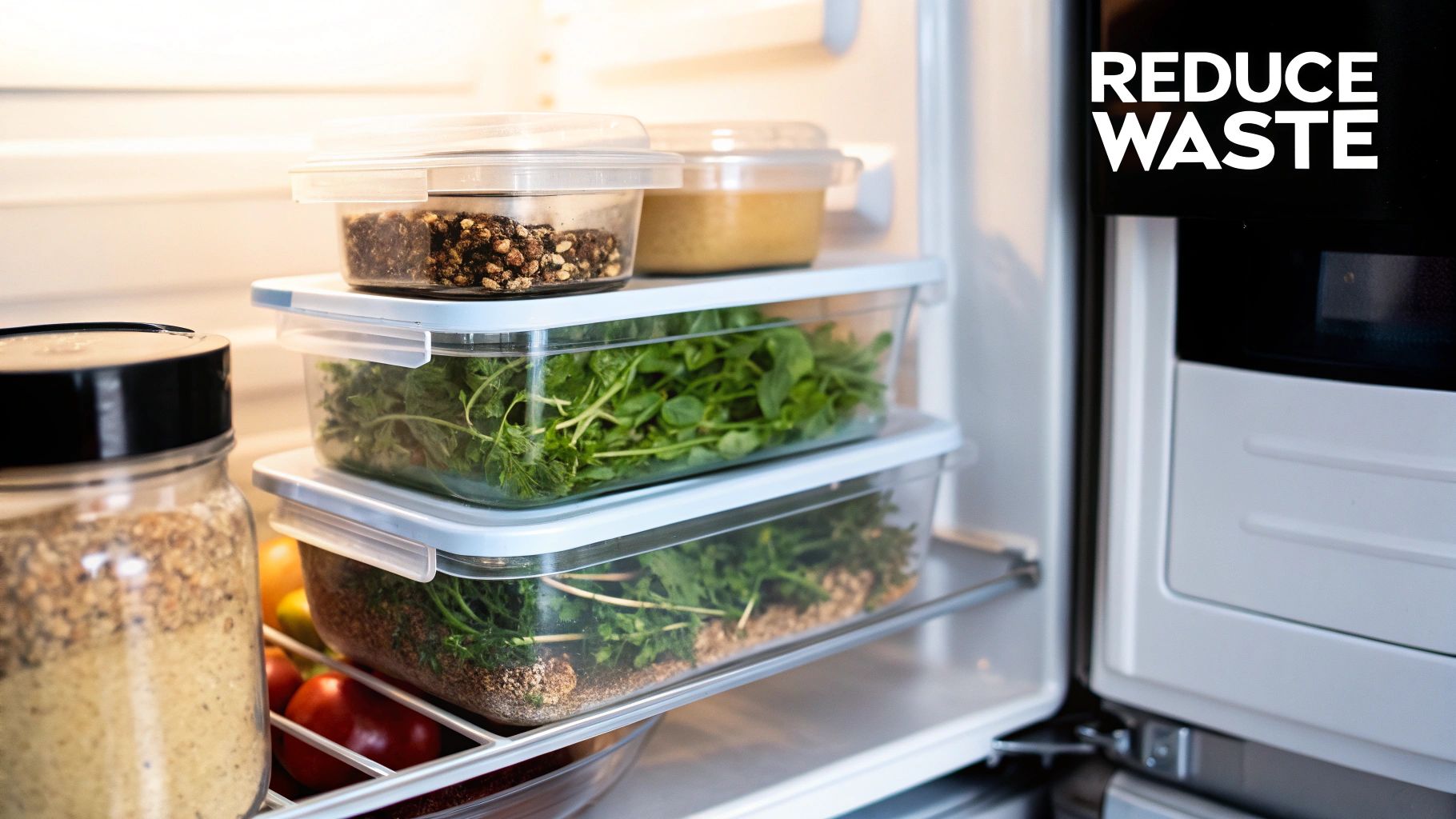 Open fridge with clear food containers of fresh herbs, nuts, and breadcrumbs, promoting waste reduction.