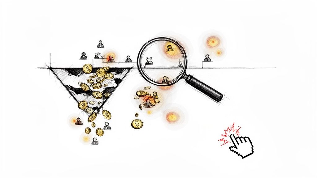 Sketch drawing showing a conversion funnel, money, customers, a magnifying glass, and click cursor.