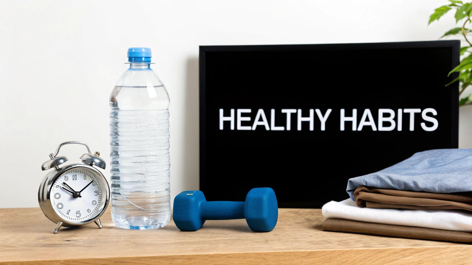 An alarm clock, water bottle, dumbbell, and stacked clothes next to a 'HEALTHY HABITS' sign.