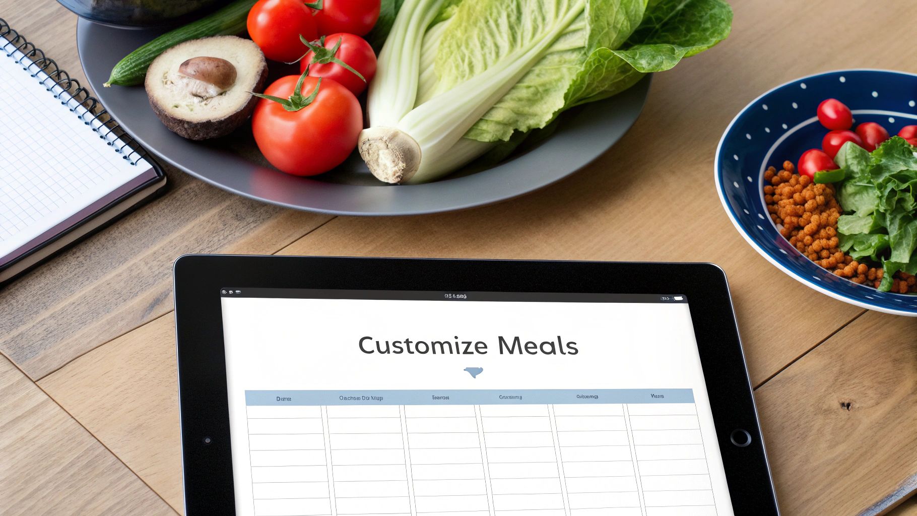 A tablet displays a meal planning app next to fresh vegetables and a salad on a wooden table.