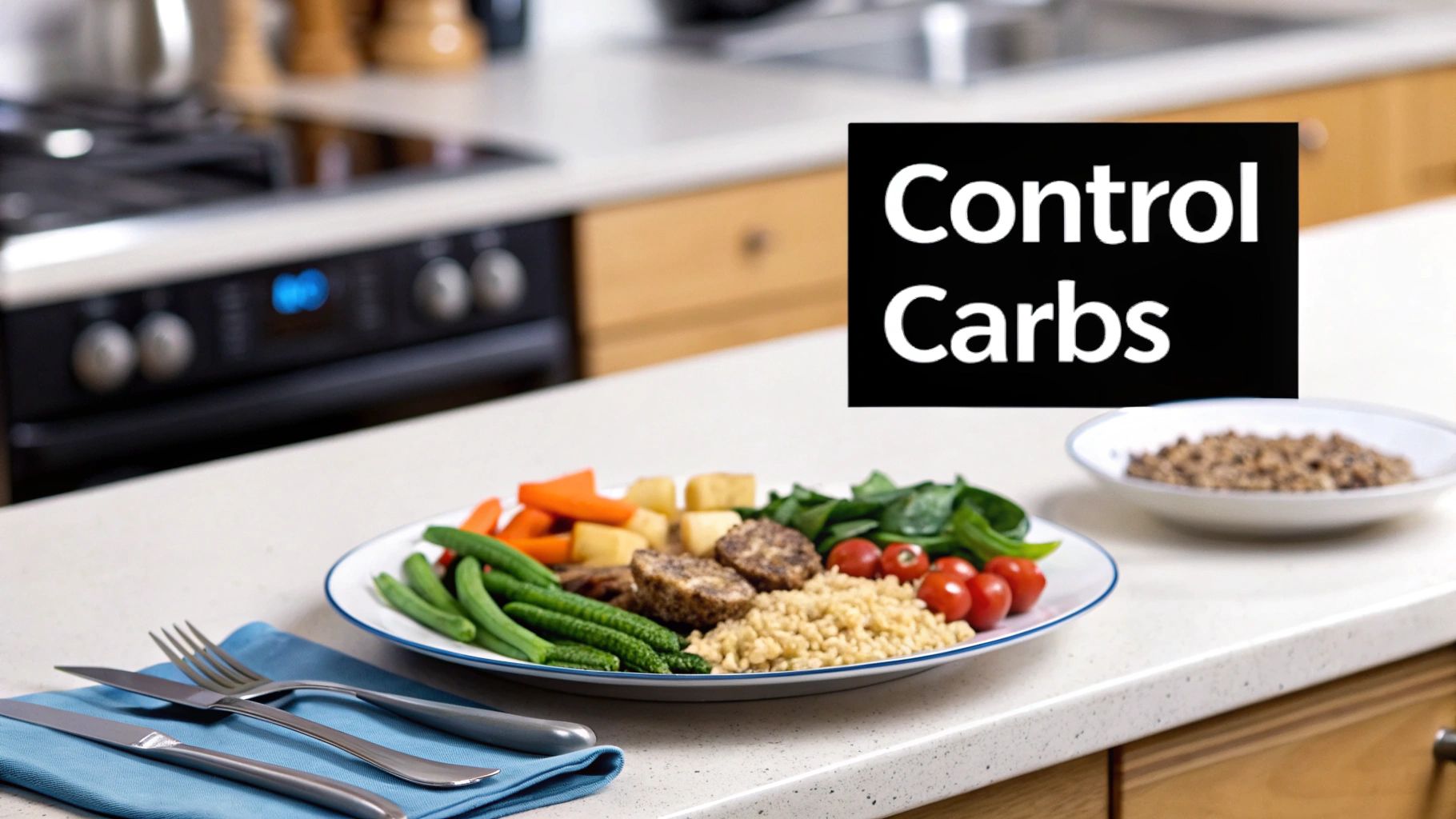 A plate of healthy food with vegetables, protein, and grains, alongside a 'Control Carbs' overlay in a kitchen setting.