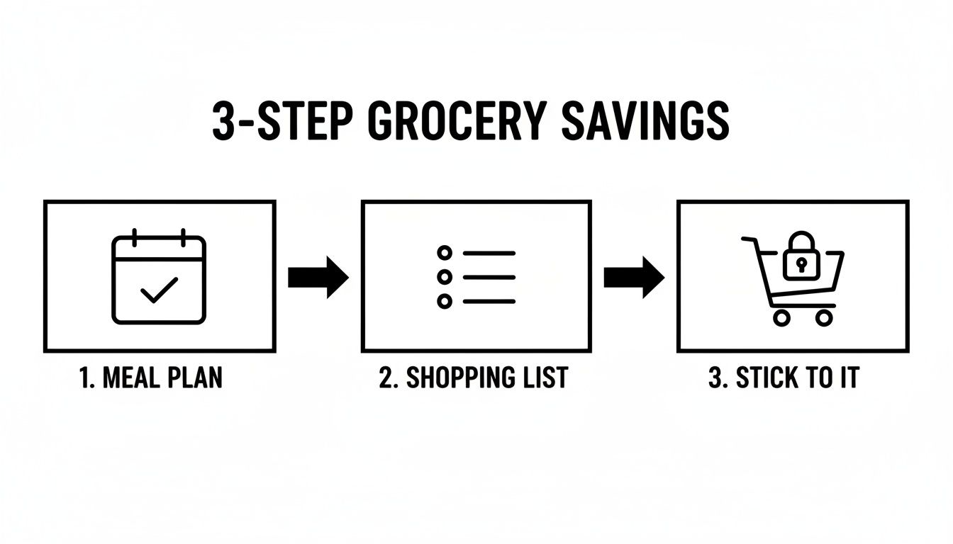 A 3-step visual guide for grocery savings: meal plan, shopping list, and stick to it.