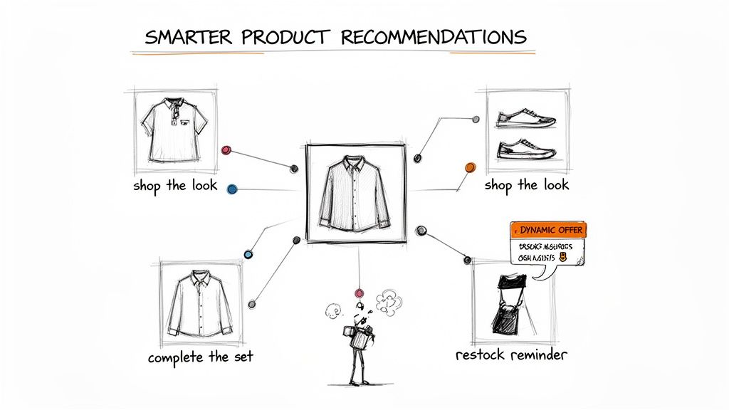 Diagram illustrating smarter product recommendations with a shirt, showing 'shop the look', 'complete the set', and 'restock reminder' options.