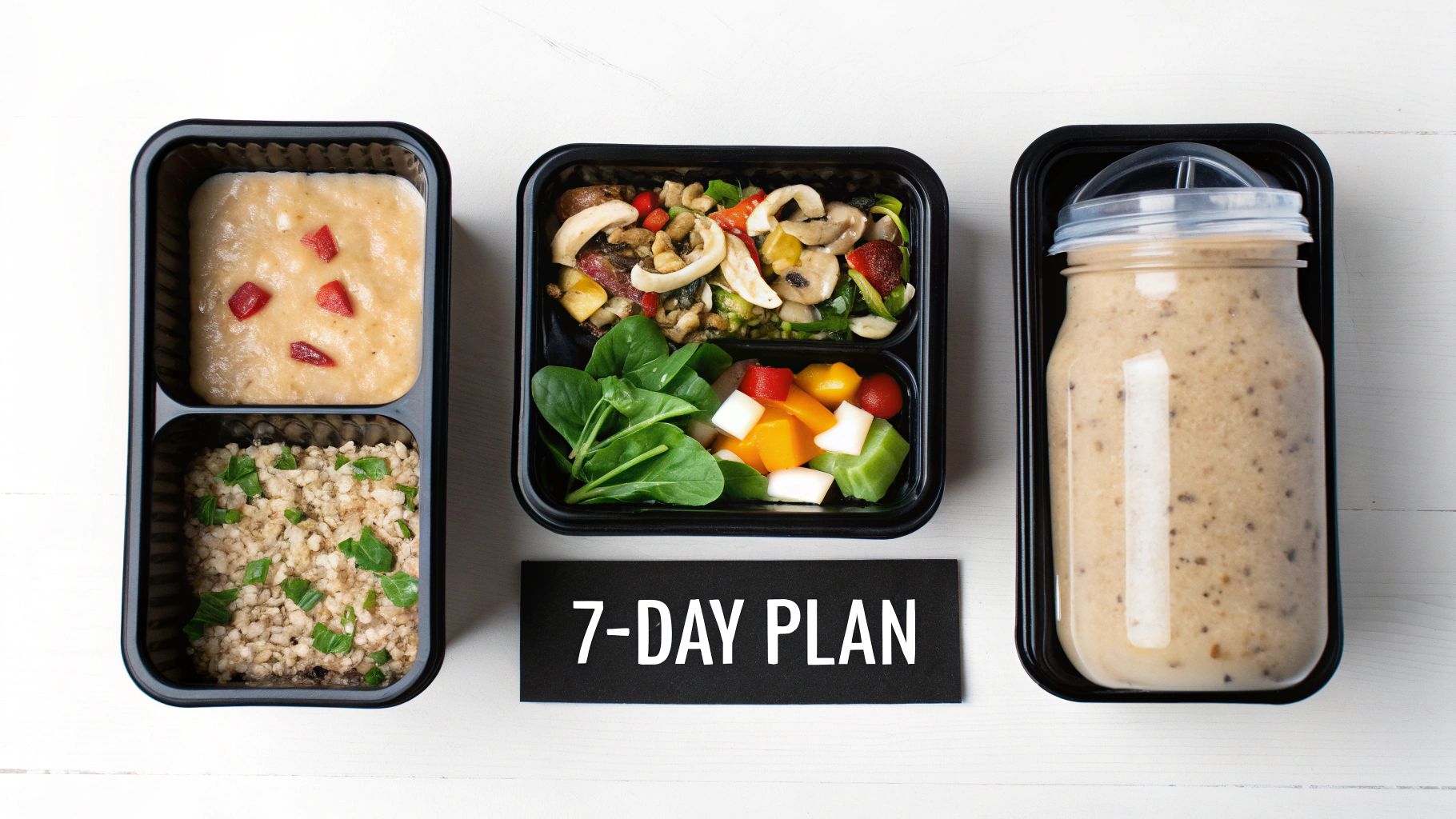 Three black meal prep containers with healthy food, including a smoothie, stir-fry, and grain dish, with a '7-DAY PLAN' card.