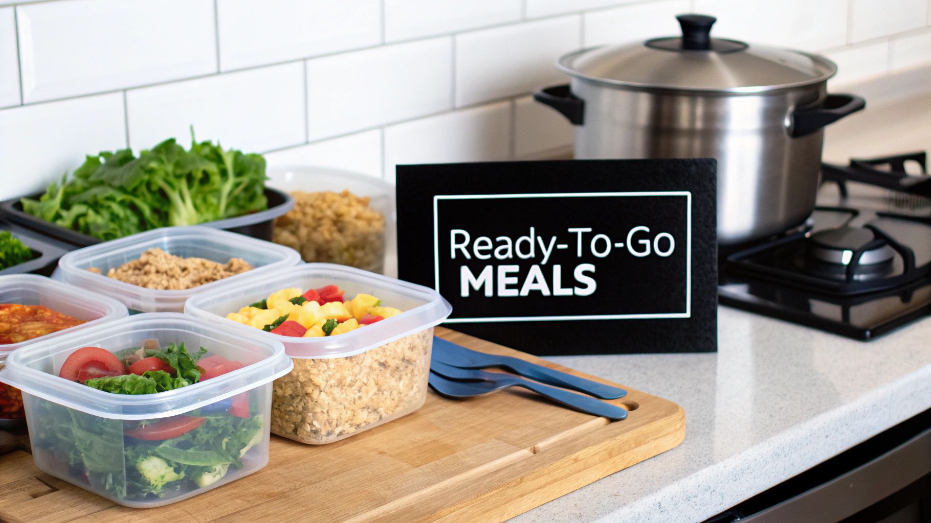 A kitchen counter with multiple clear meal prep containers filled with healthy food, a 'Ready-To-Go MEALS' sign, and a pot on the stove.