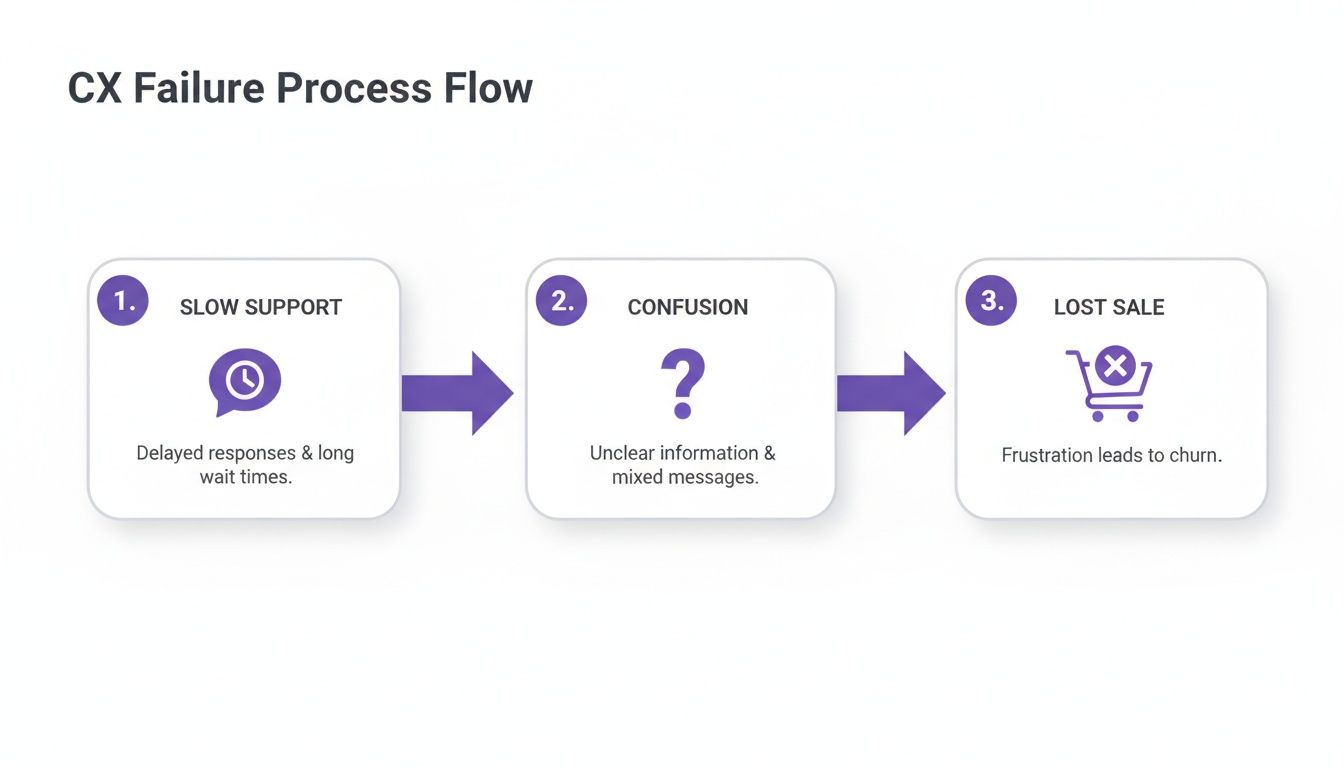 A three-step CX failure process flow showing slow support, confusion, and lost sales.
