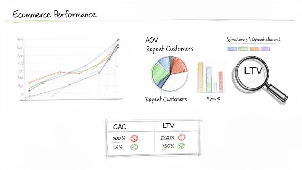 A sketch illustrating ecommerce performance metrics with line, bar, and pie charts, LTV, CAC, AOV, and repeat customers.