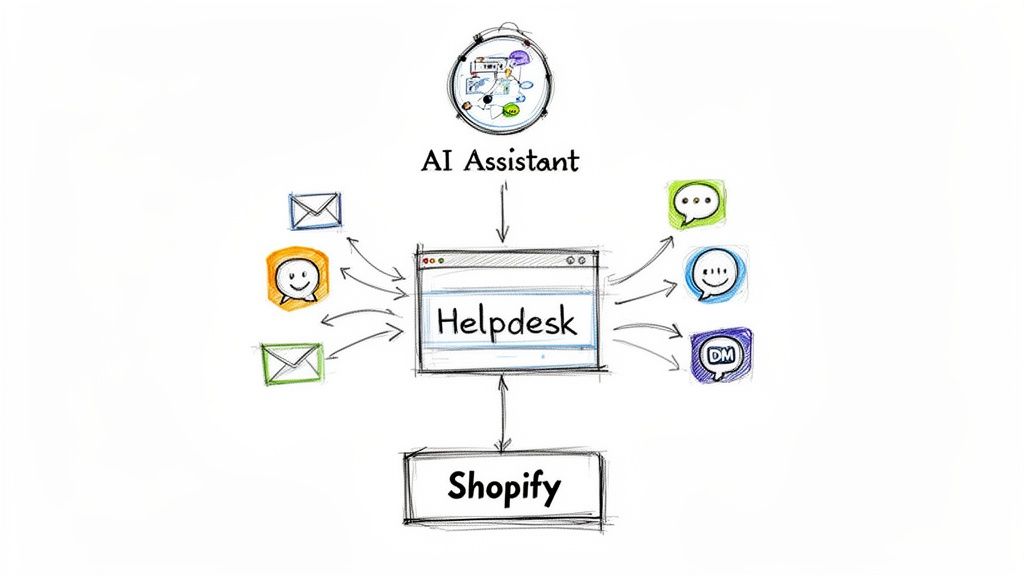 Diagram illustrating omnichannel customer service with Helpdesk centralizing emails, chats, Shopify, and an AI Assistant.