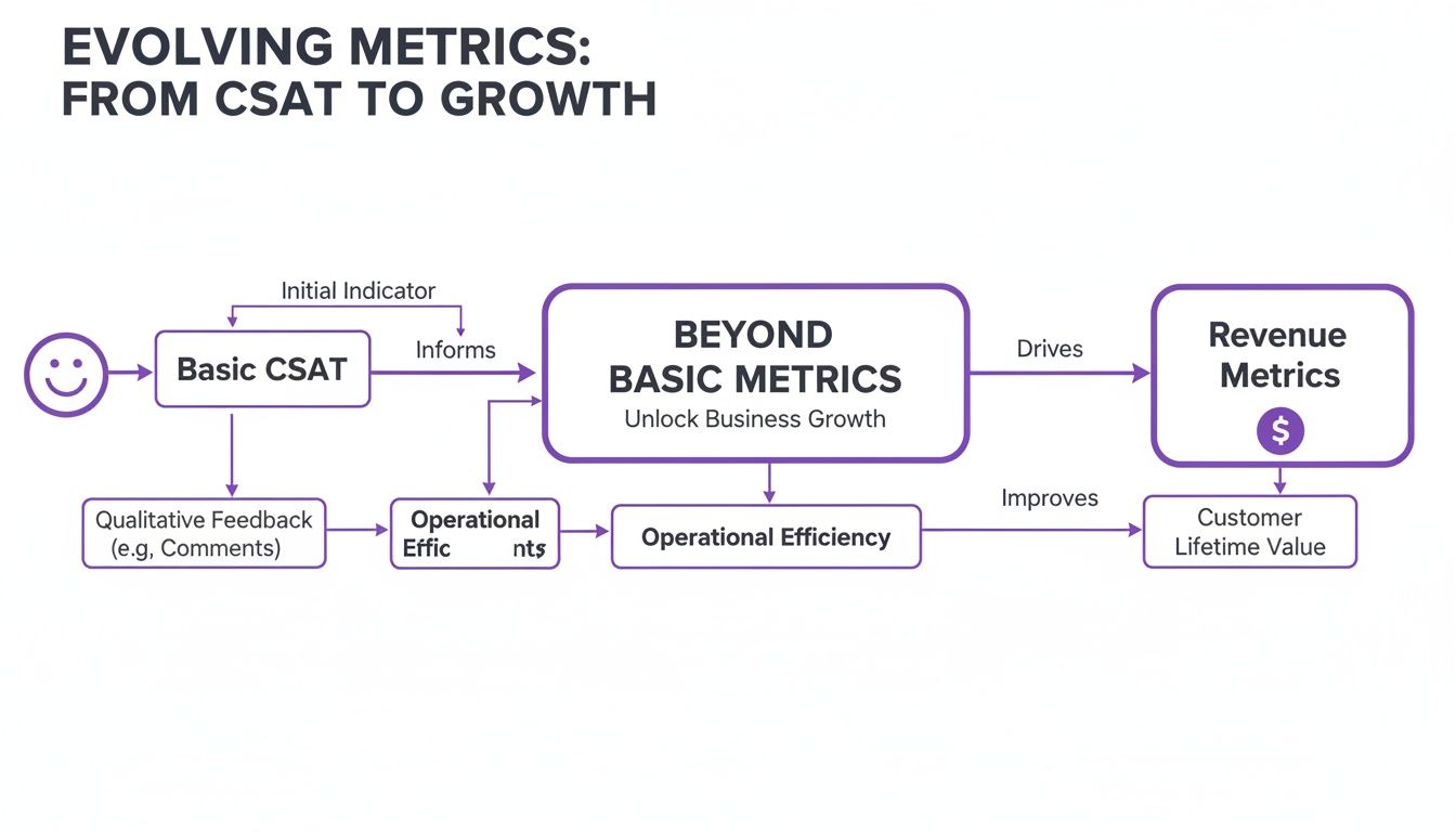 Flowchart illustrating the evolution of metrics from Basic CSAT to Revenue Metrics and Customer Lifetime Value.