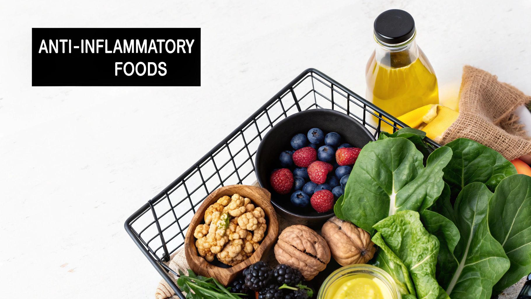 A basket full of healthy anti-inflammatory foods like berries, spinach, walnuts, and olive oil.