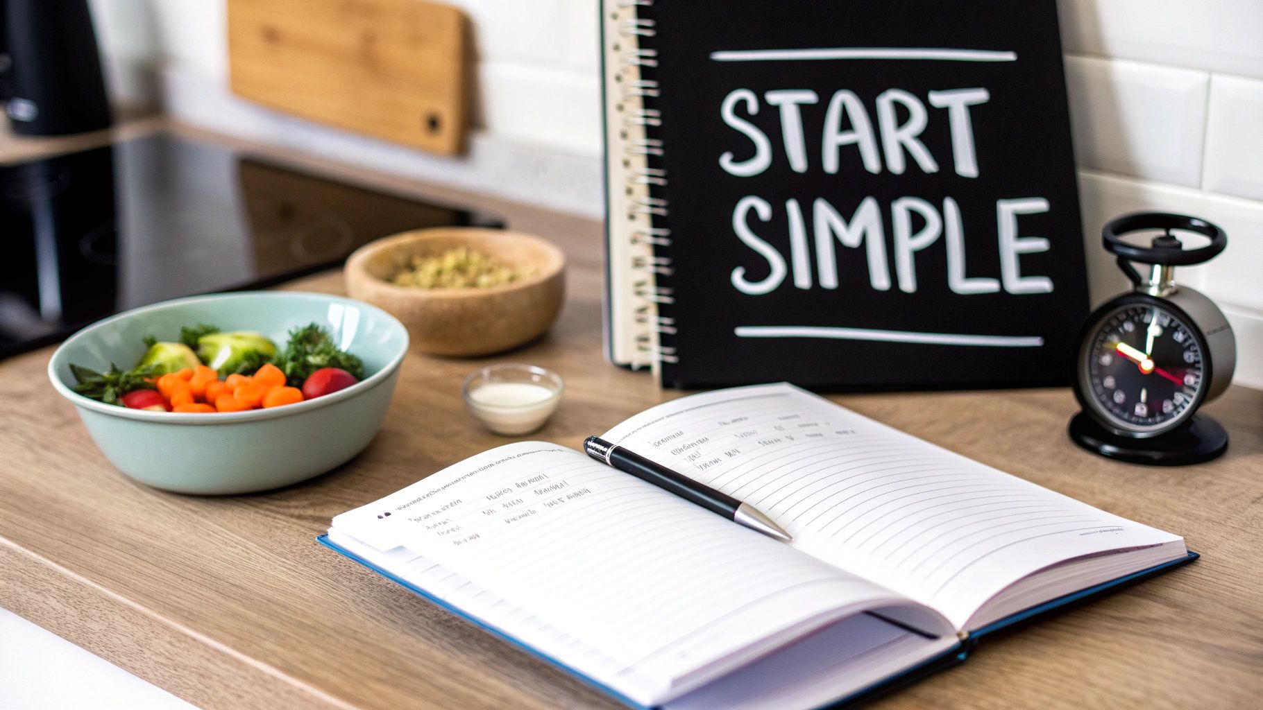 A kitchen counter with a bowl of fresh vegetables, a planner, a 'START SIMPLE' notebook, and a timer.