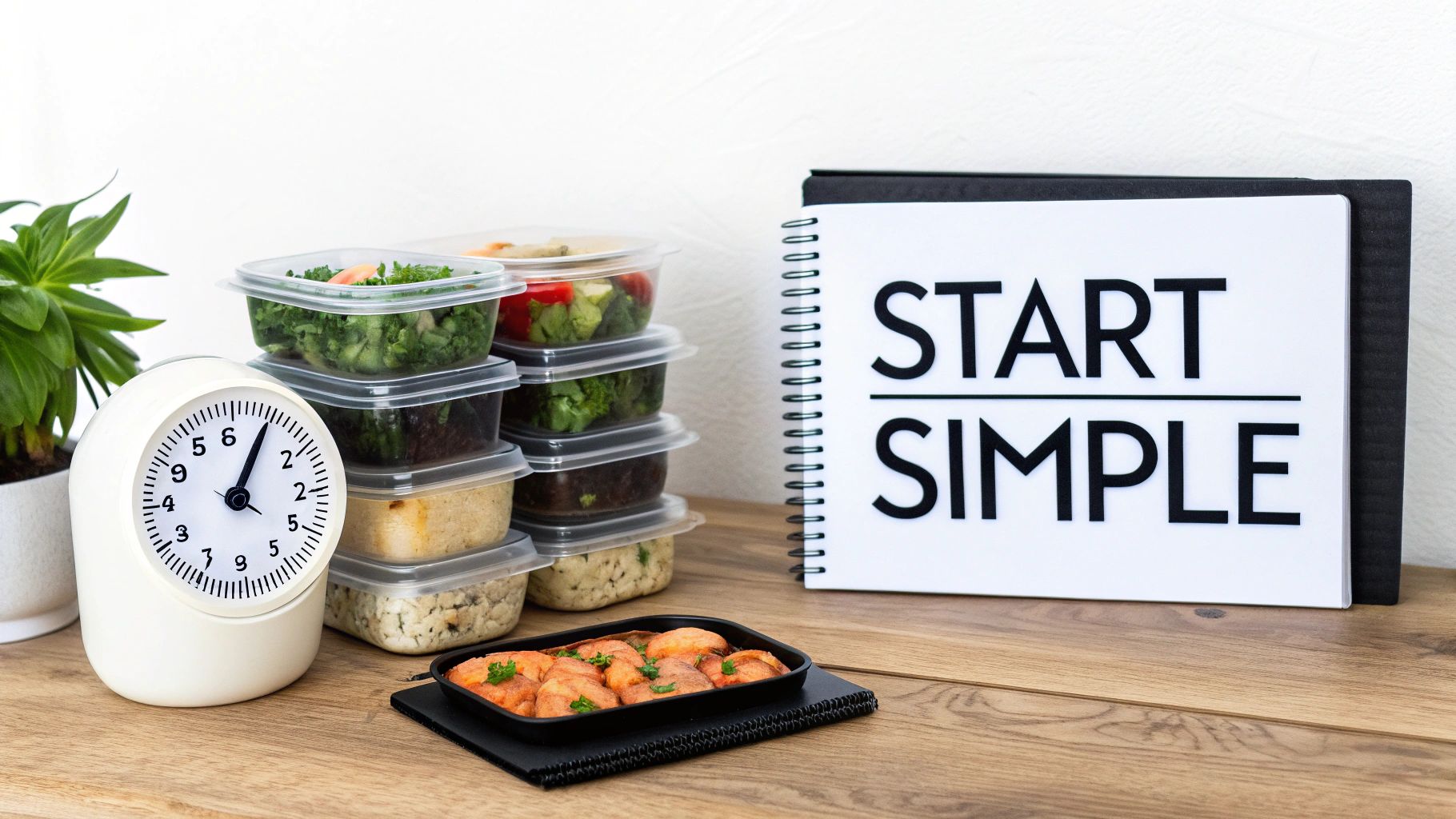 Healthy meal prep containers, an alarm clock, and a 'START SIMPLE' notebook on a wooden desk.