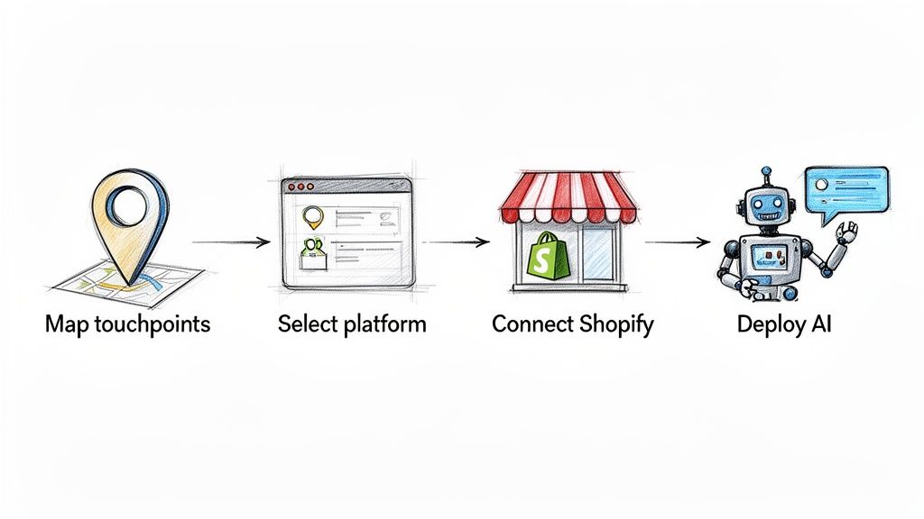 A four-step visual guide: mapping touchpoints, selecting a platform, connecting Shopify, and deploying AI.