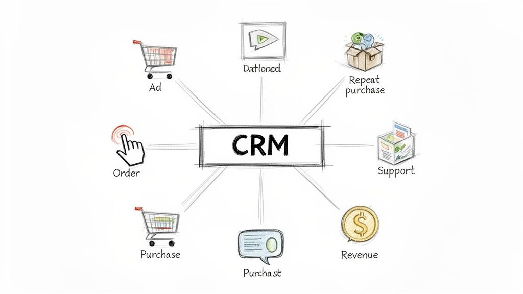A CRM mind map showing its connections to customer journey stages like ads, orders, purchases, support, and revenue.