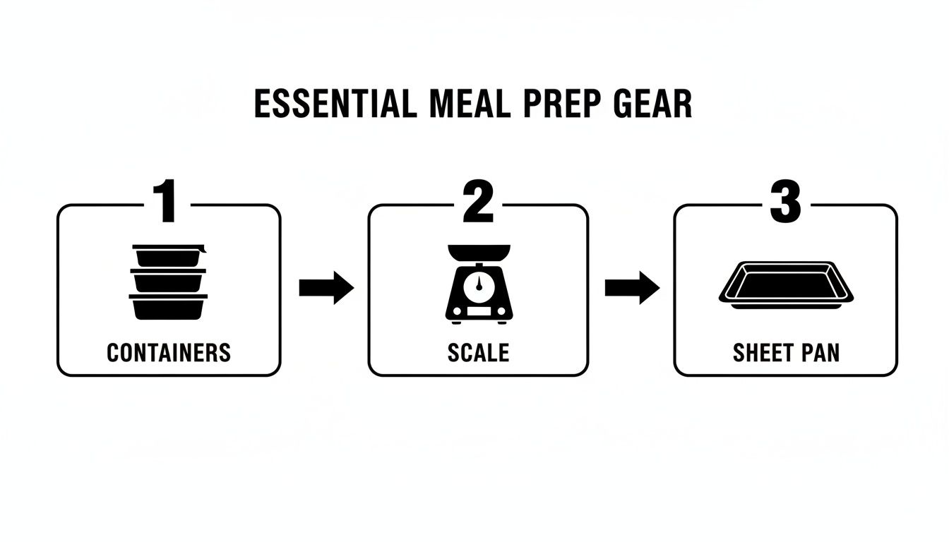 Essential meal prep gear featuring containers, a kitchen scale, and a sheet pan.