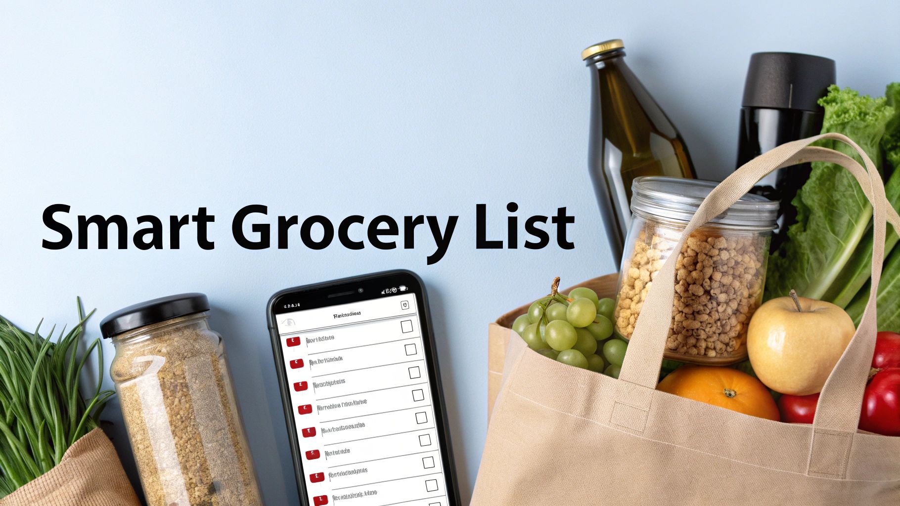 A smartphone displaying a smart grocery list app next to a reusable bag filled with fresh produce and pantry items.