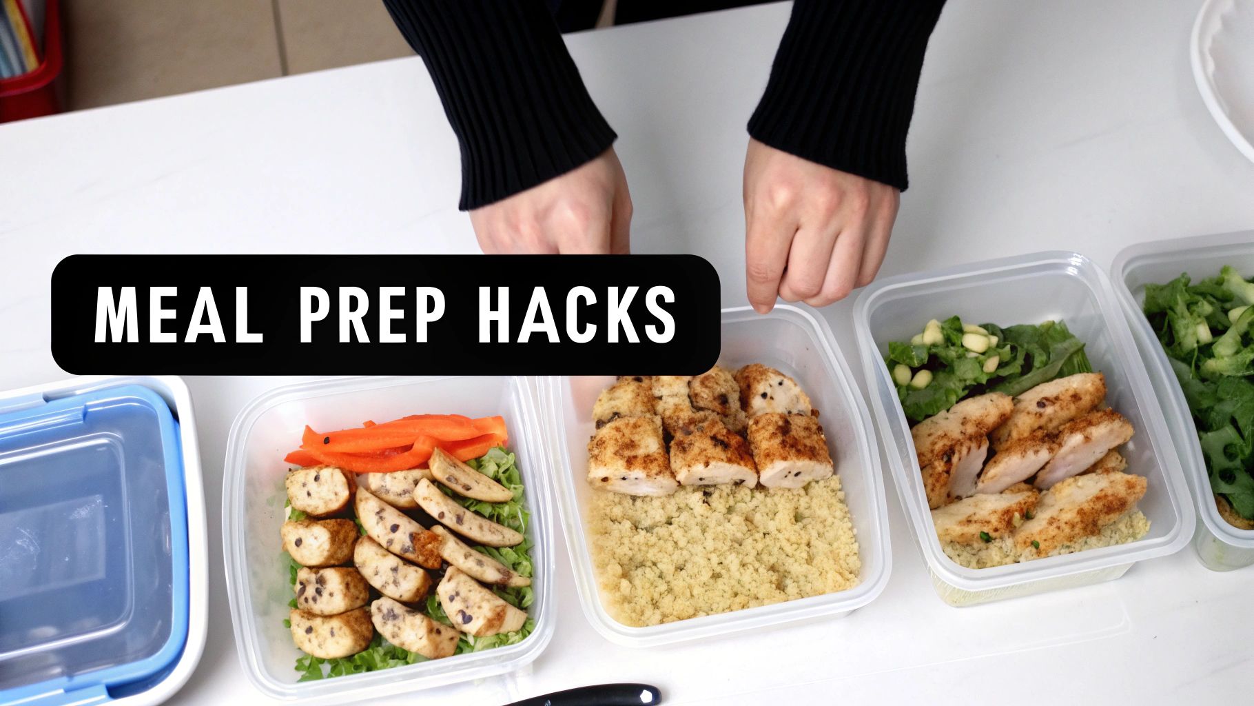 Hands arranging multiple clear meal prep containers filled with healthy chicken, grains, and vegetables.
