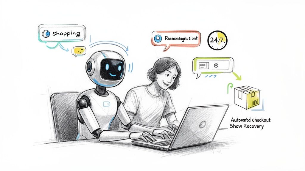 A robot and a person work together on a laptop, surrounded by e-commerce and automation icons.