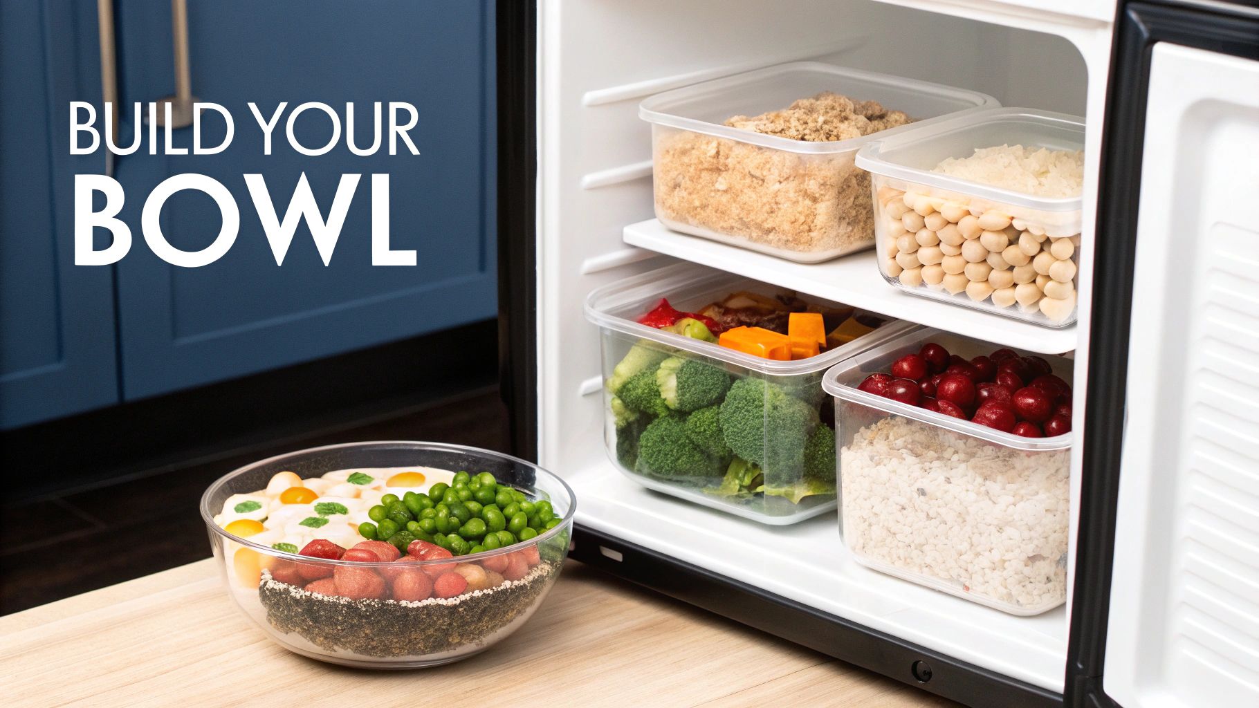 An open fridge with clear containers of healthy meal prep ingredients and a customizable food bowl.