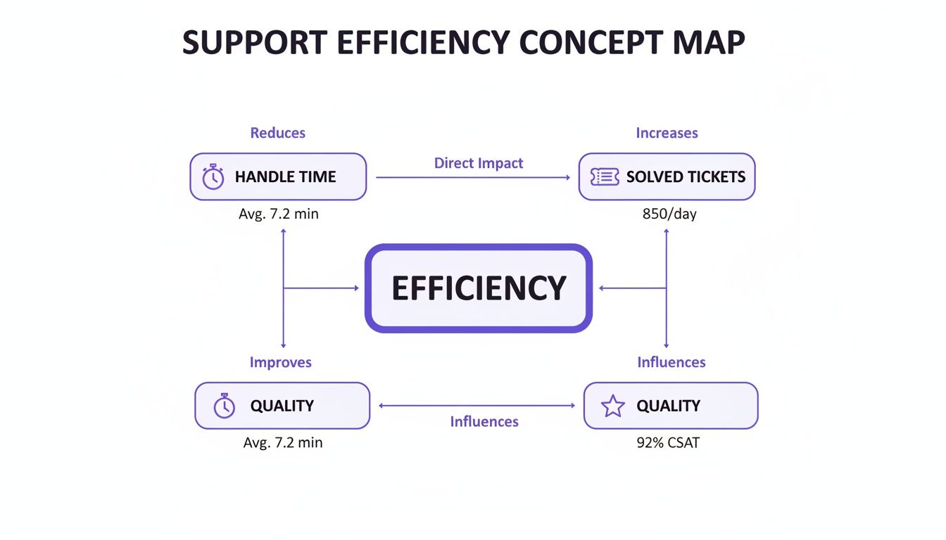 A concept map illustrating how support efficiency reduces handle time, increases solved tickets, and improves quality metrics.