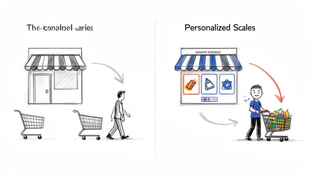 A visual comparison of impersonal traditional shopping versus a personalized, efficient customer experience.