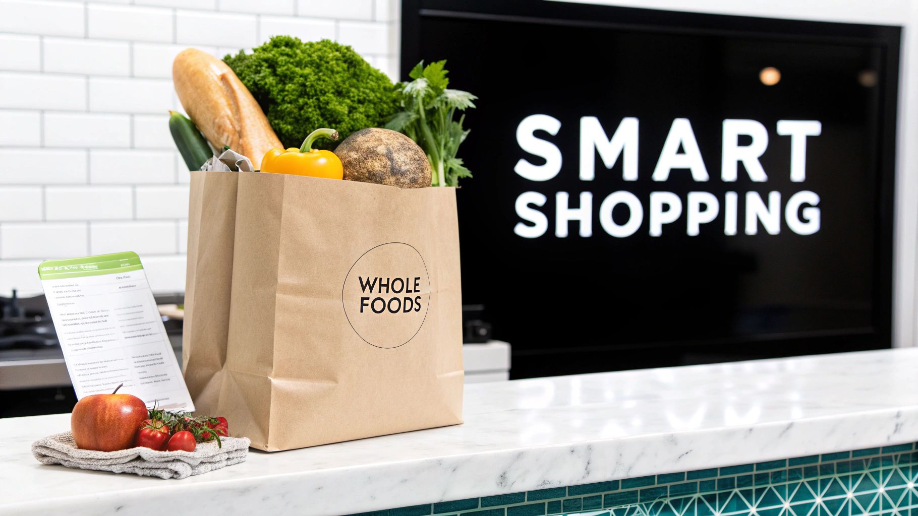 A Whole Foods bag filled with fresh groceries, an apple, and tomatoes on a marble counter with a “SMART SHOPPING” screen.
