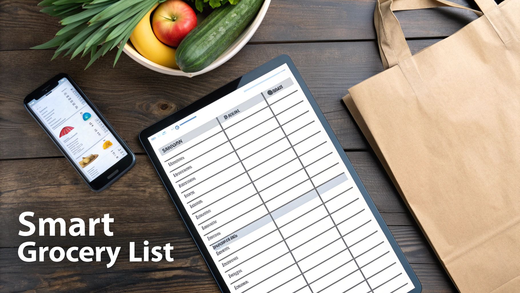 Overhead view of a smart grocery list on a tablet and phone, with fresh produce and a shopping bag.