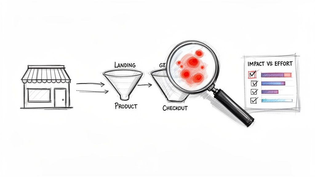 E-commerce conversion funnel analysis diagram showing landing, product, and checkout stages with problem identification.