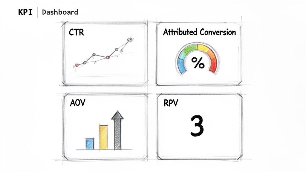 Sketch-style KPI dashboard displaying key performance indicators like CTR, attributed conversion, AOV, and RPV.