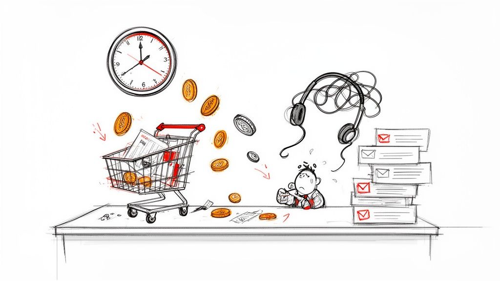 Illustration showing a customer service agent struggling with time, money, calls, and emails.