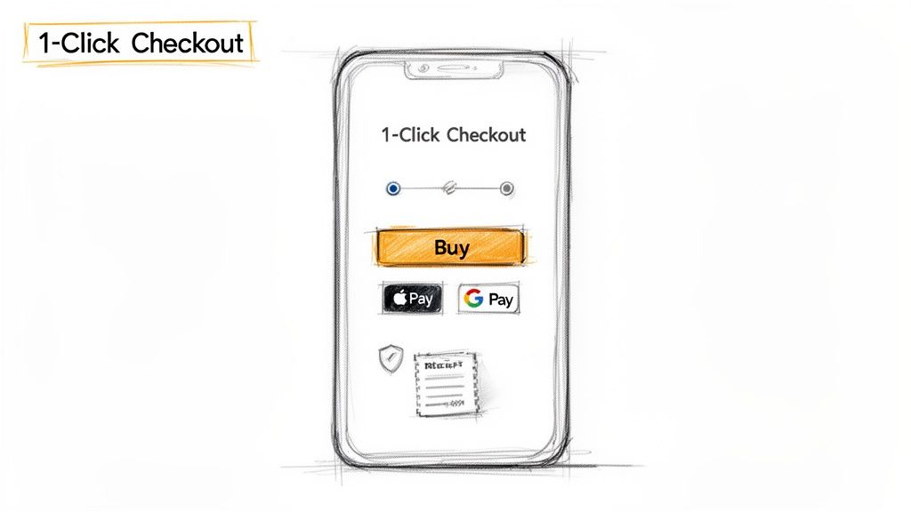 A sketched smartphone screen illustrates a '1-Click Checkout' process with 'Buy' button, Apple Pay, Google Pay options, and a receipt.