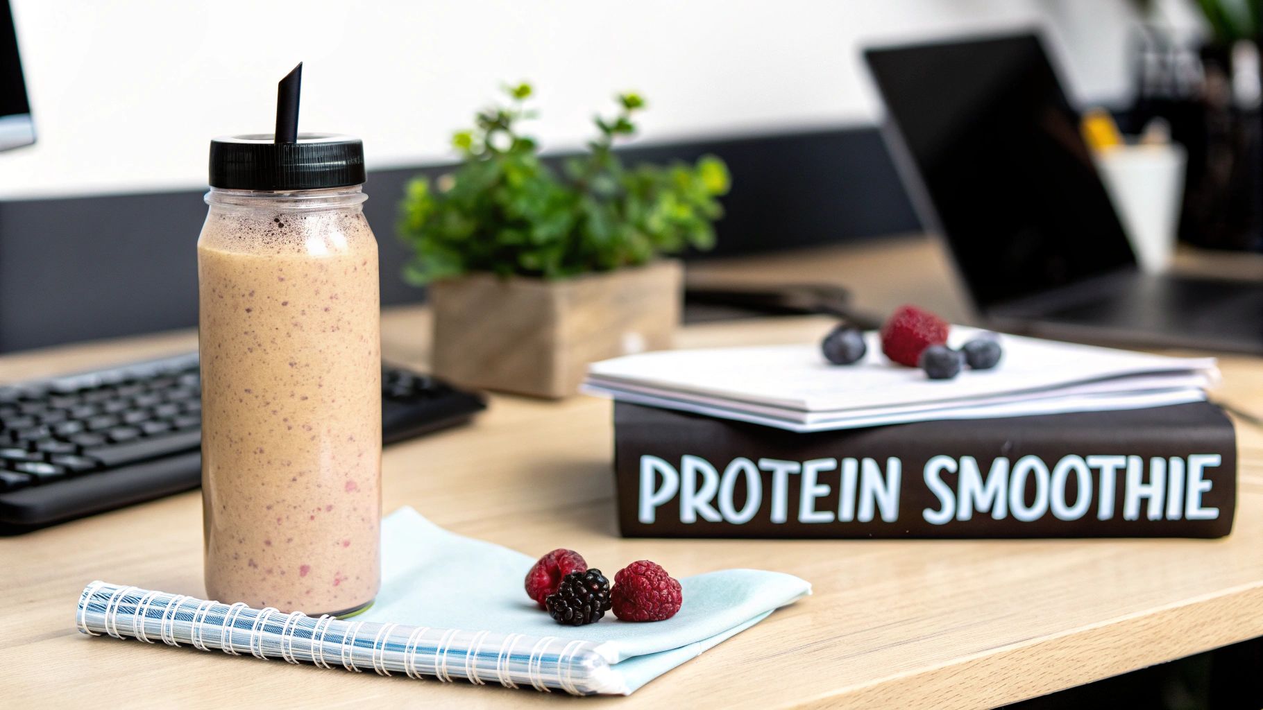 Protein smoothie bottle and fresh berries on a desk, next to a 'PROTEIN SMOOTHIE' book.