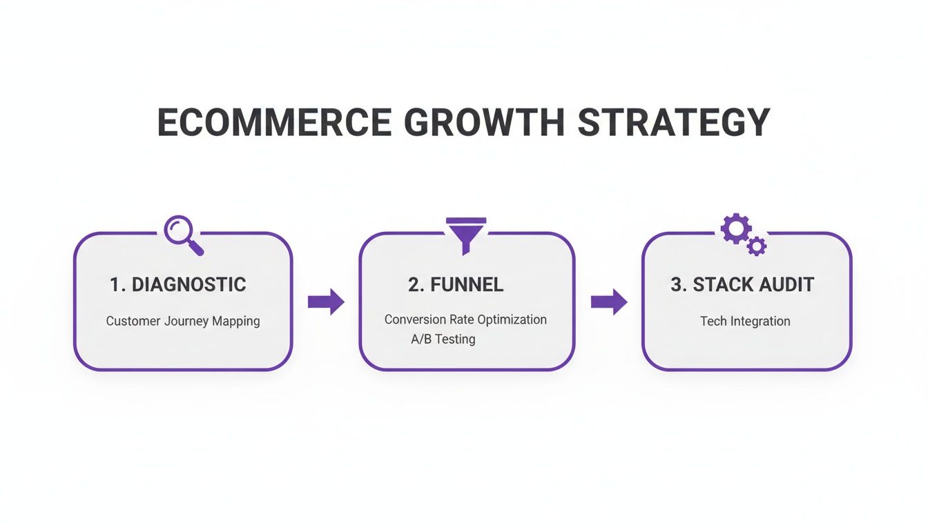 Flowchart outlining an e-commerce growth strategy with diagnostic, funnel optimization, and tech integration steps.