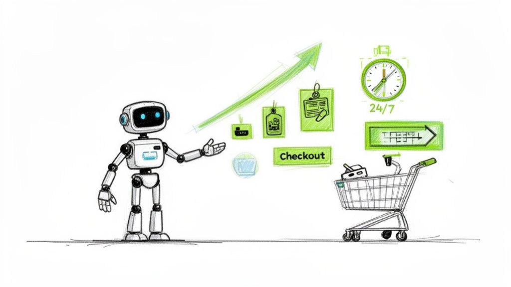 A friendly robot points towards e-commerce growth, checkout, 24/7 service, and a shopping cart.