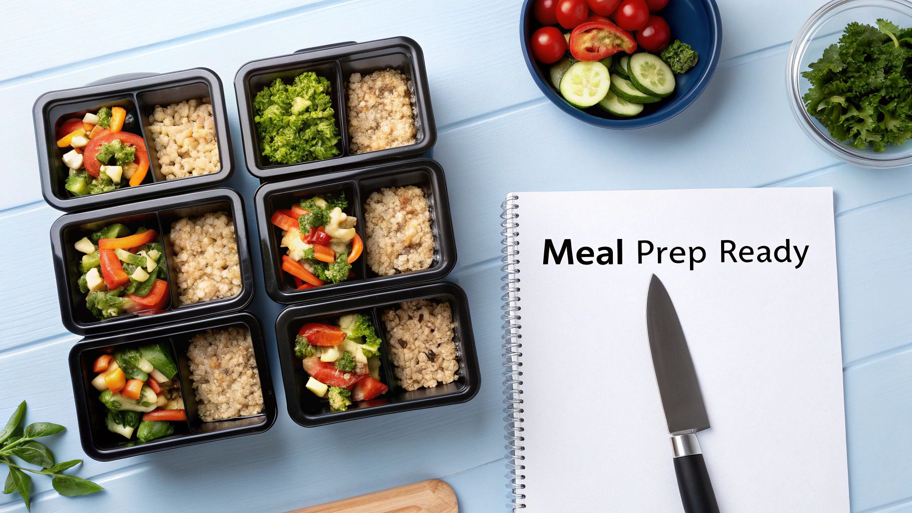 Healthy meal prep containers with vegetables and grains on a blue table, beside a 'Meal Prep Ready' notepad.