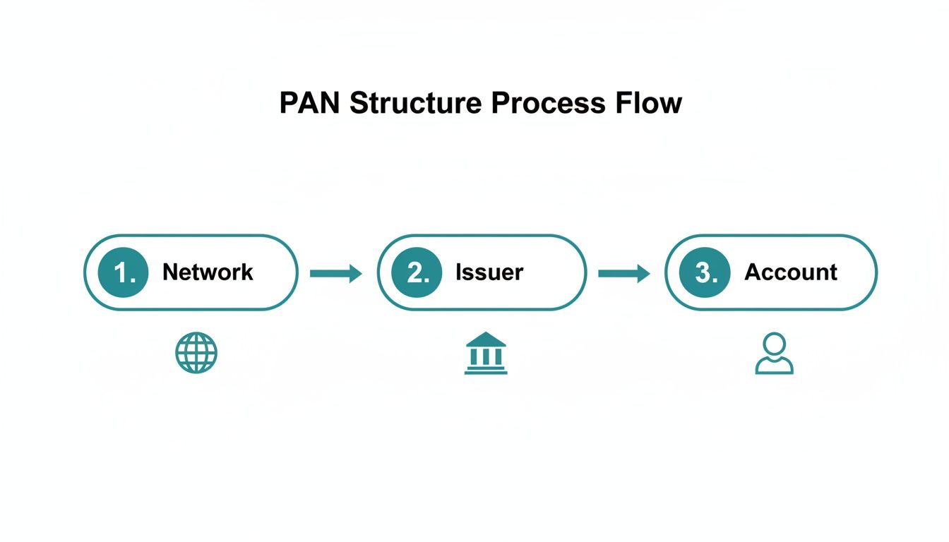 Flowchart illustrating the PAN structure process flow, moving from network to issuer and then account.