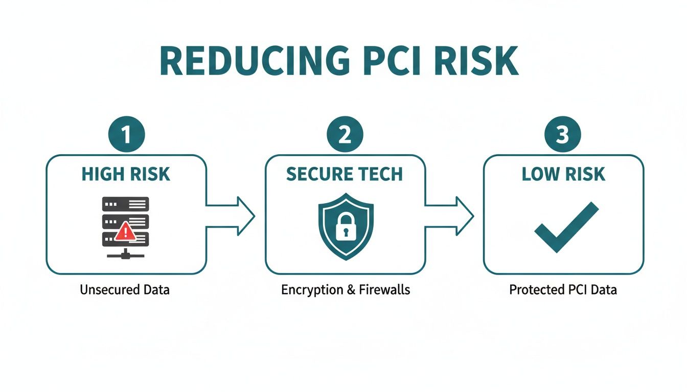 Visualizing the process of reducing PCI risk from unsecured data to low risk through secure technology.