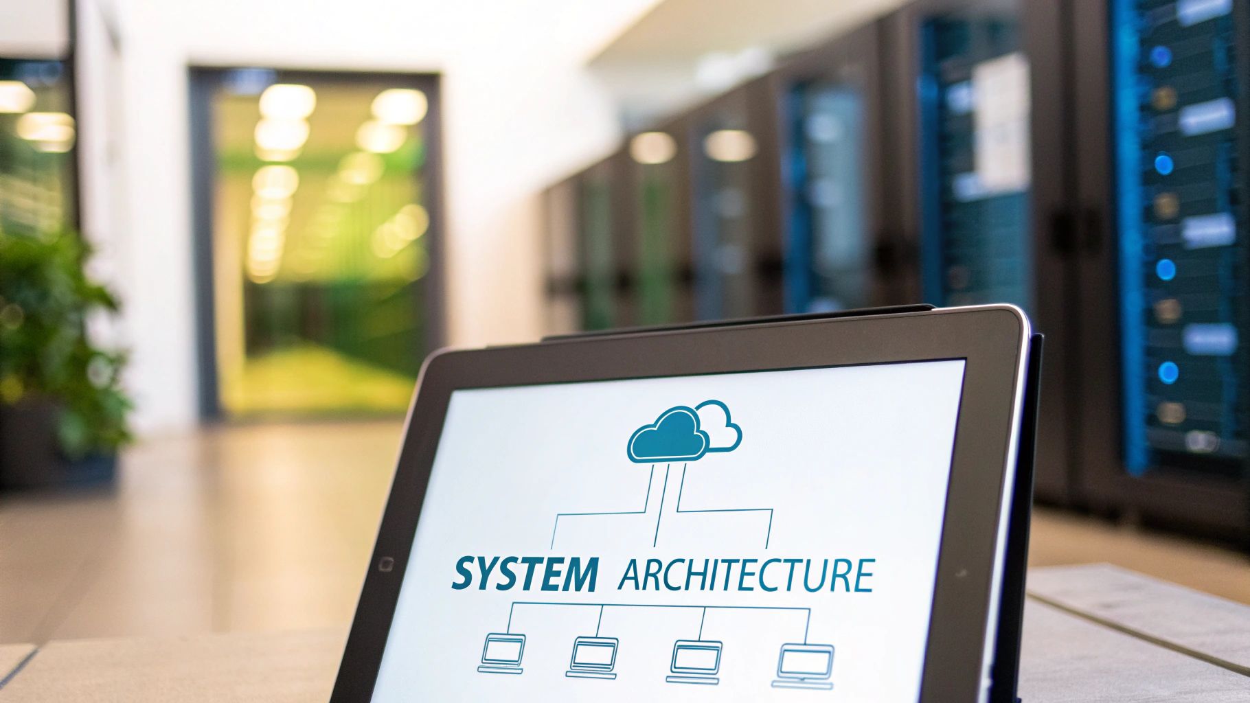 Digital tablet displaying a cloud system architecture diagram, with server racks in the background.
