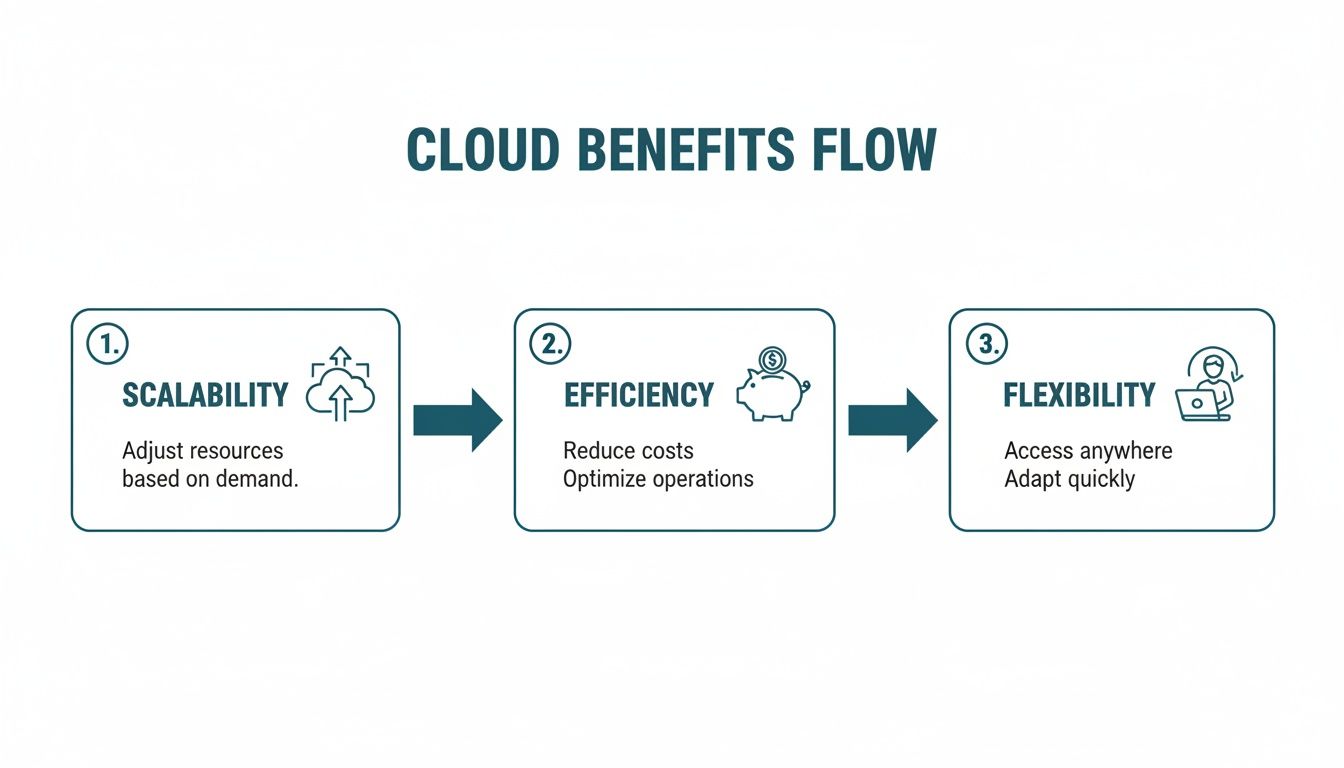 Infographic showing cloud benefits flow: scalability, efficiency, and flexibility with descriptive text and icons.