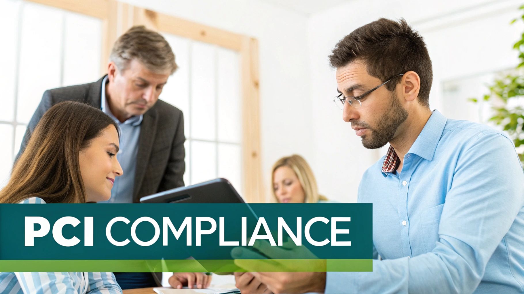 Professionals collaborate on PCI Compliance in an office, focusing on secure credit card processing.