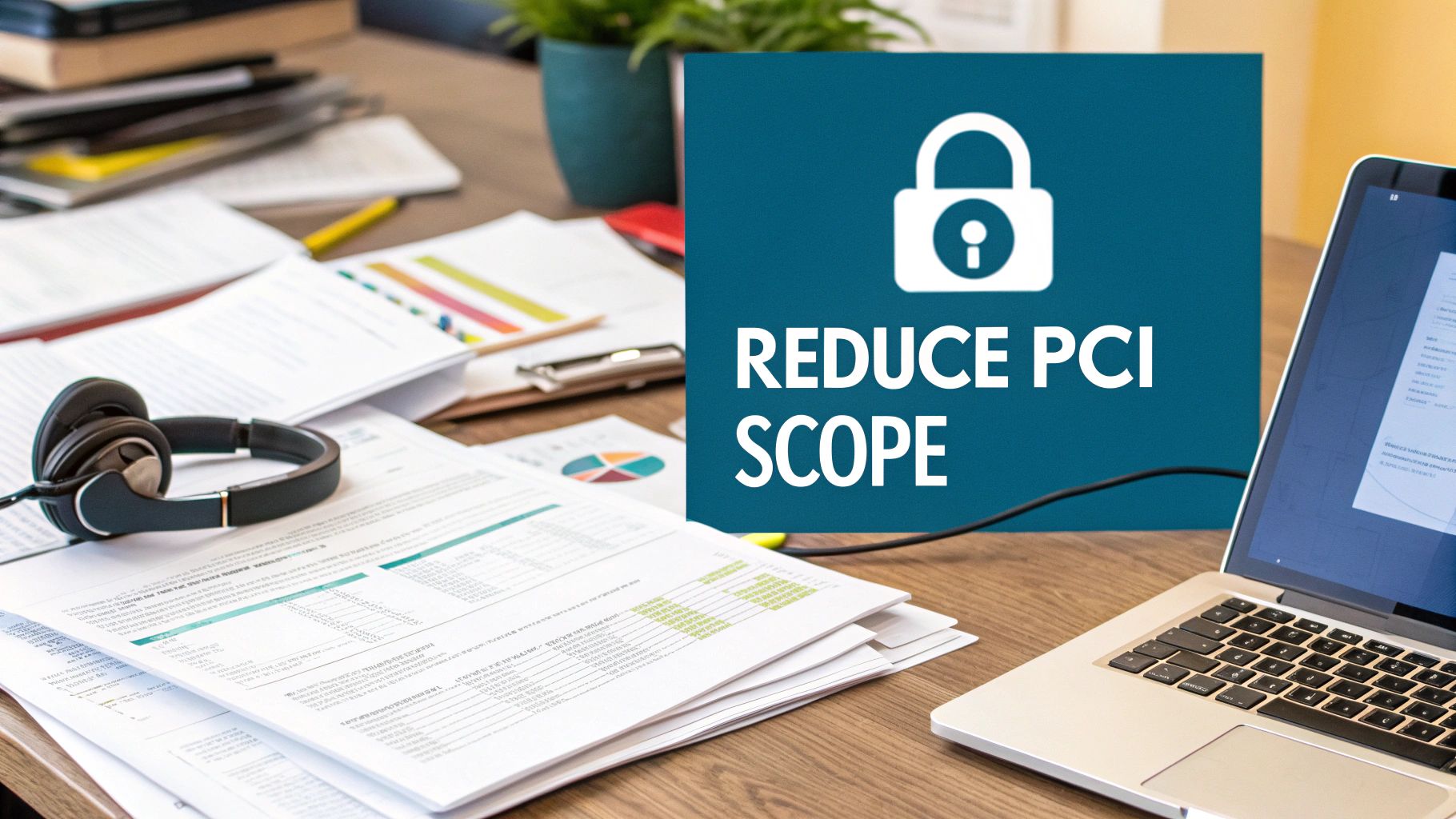 A busy desk with a laptop, documents, headphones, and a sign saying 'Reduce PCI Scope'.