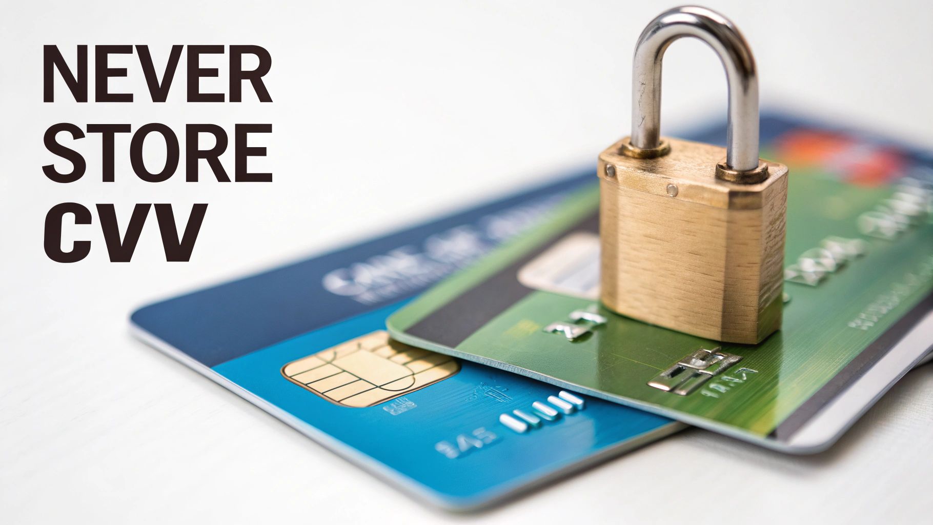Close-up of credit cards with a padlock and the text 'NEVER STORE CVV' for payment security.