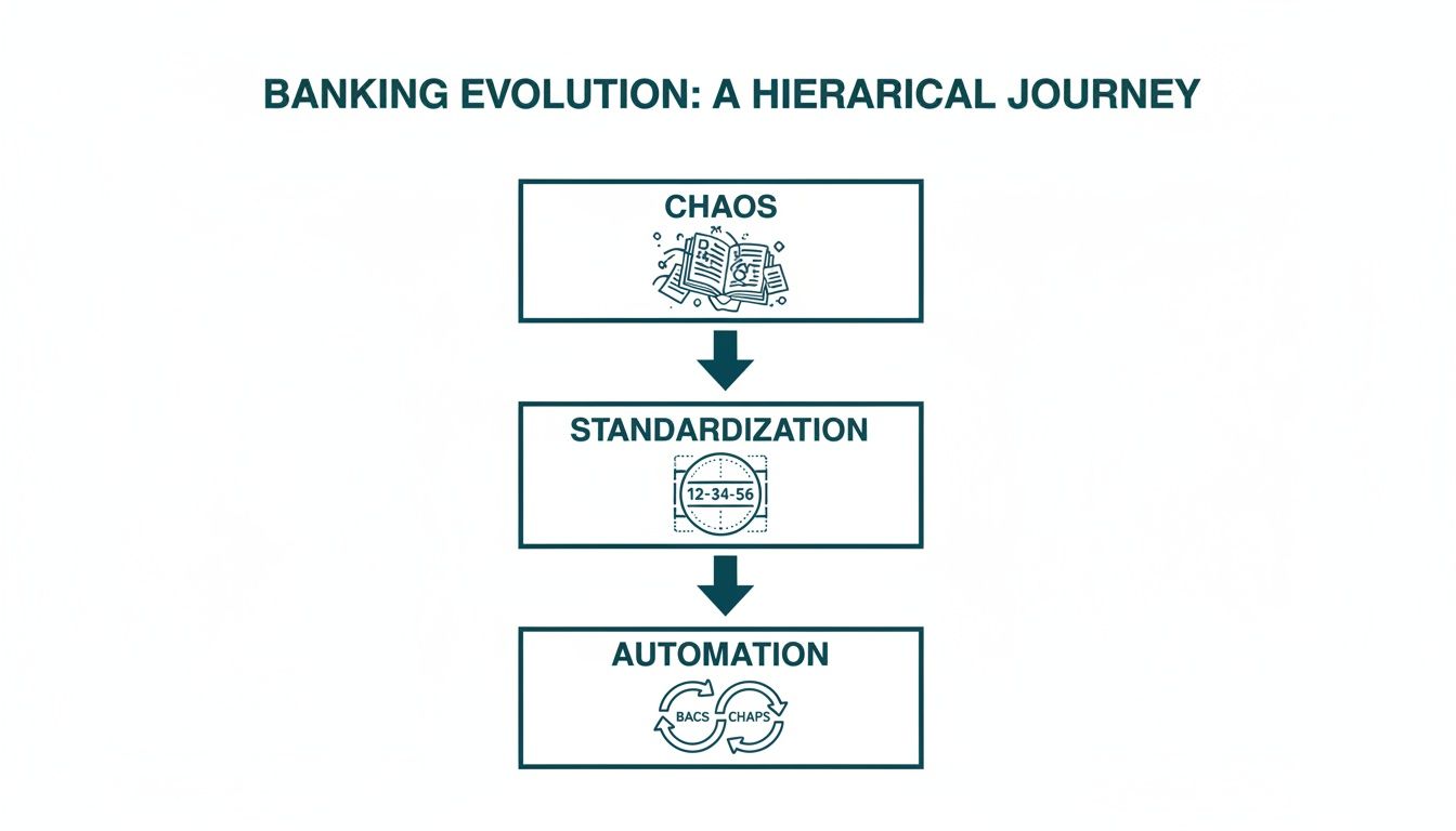 Flowchart illustrates banking evolution from chaos to standardization, including reference numbers, and finally automation.