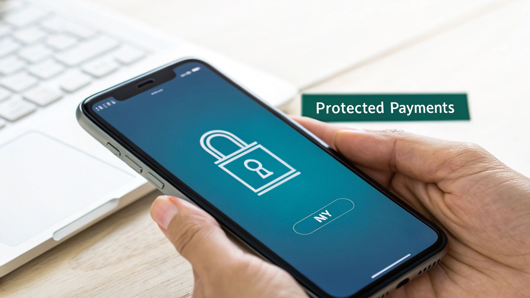 A hand holds a smartphone displaying a padlock icon, with “Protected Payments” text in the background.
