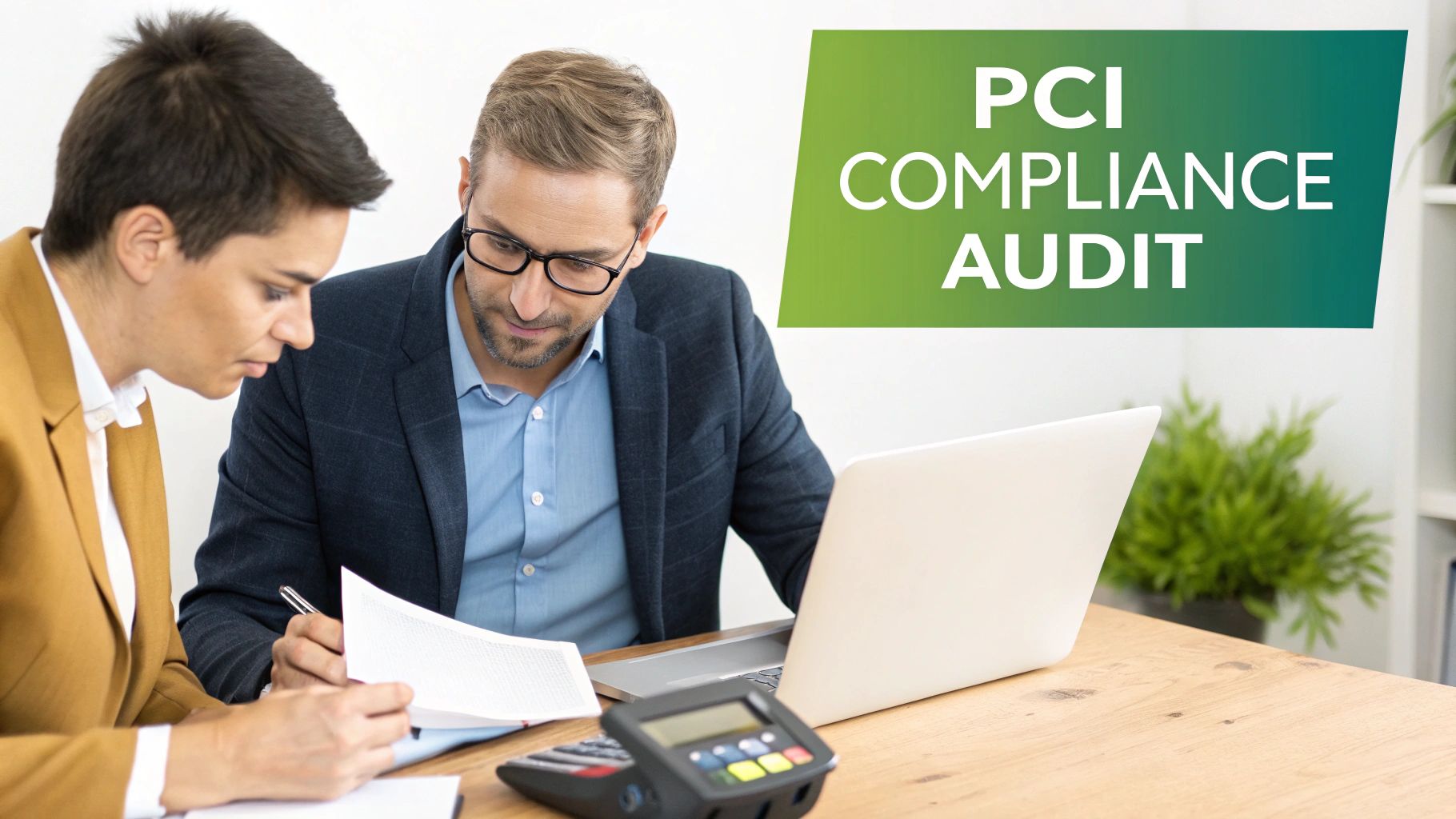 Two professionals review documents and work on a laptop during a PCI compliance audit.